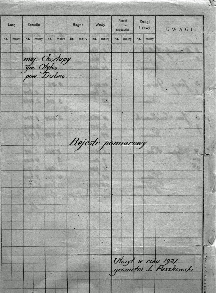 KKE 5955-2.jpg - Dok. Plan parcelacji majątku Wandy Galik z rejestrem pomiarowym(scan czarno-biały), Chorłupy, V 1921 r.